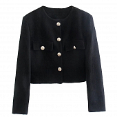 Картинка Жакет укороченный черный однотон круглый вырез 6 пуговиц с узором от магазина LonnaMag
