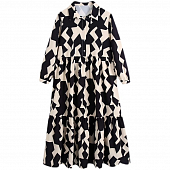 Картинка Платье миди длинный рукав верх на пуговицах юбка два уровня принт черные узоры  от магазина LonnaMag