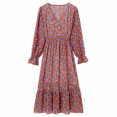 Картинка Платье миди шифон длинный рукав с рюшей принт круглые цветы насыщенных расцветок + пояс от магазина LonnaMag