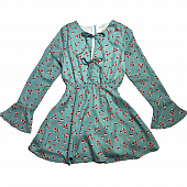 Картинка Платье мини юбка клеш розовые цветы вырез на груди 2 банта от магазина LonnaMag