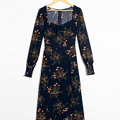 Картинка Платье миди темно-синее квадратный вырез принт оранжевые цветы от магазина LonnaMag