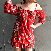 Картинка Платье мини шифон принт цветы сакура шифон открытые плечи с лямками от магазина LonnaMag