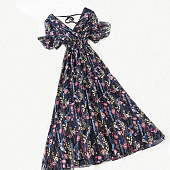 Картинка Платье макси V вырез короткий свободный рукав принт круглые цветы листья от магазина LonnaMag