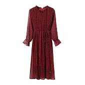 Картинка Платье миди шифон длинный рукав на вороте рюша принт мелкий горох + тонкий пояс от магазина LonnaMag