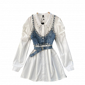 Картинка Платье рубашка + топ джинс стразы бусины жемчужины от магазина LonnaMag