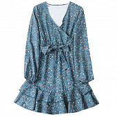 Картинка Платье грудь на запах волан на юбке мелкие белые цветы на синем от магазина LonnaMag