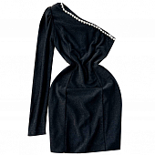 Картинка Платье мини стрейч открытое плечо стразы цветы + длинный рукав 2 шва по длине  от магазина LonnaMag