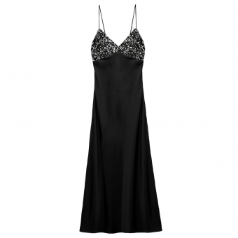 Платье комбинация треугольный лиф в пайетках тонкие лямки черный атлас