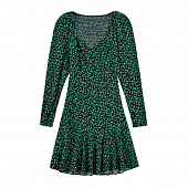 Картинка Платье мини длинный рукав на спине резинка снизу нашит волан принт мелкие зеленые цветы от магазина LonnaMag
