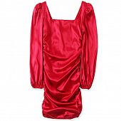 Картинка Платье мини алый атлас сборка длинные рукава буфы от магазина LonnaMag