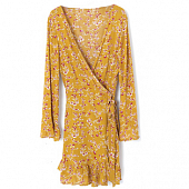 Картинка Платье на запах мини длинный рукав - мелкие бело-красные цветы от магазина LonnaMag