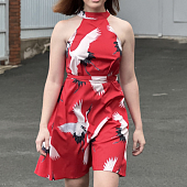 Картинка Платье мини юбка клеш холтер принт белые журавли от магазина LonnaMag