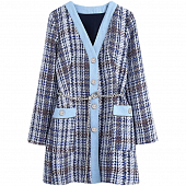 Картинка Платье жакет средней длины в клетку серебряные пуговицы со стразами + пояс цепь от магазина LonnaMag