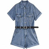 Картинка Комбинезон джинс короткий подвороты на рукавах и шортах + черный ремень от магазина LonnaMag