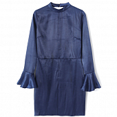 Картинка Платье мини темно-синий атлас вырез на спине манжеты воланы от магазина LonnaMag