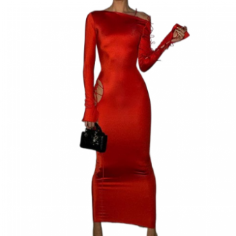 Платье красное макси стрейч длинный рукав разрезы со шнуровкой