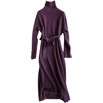 Платье миди трикотажное высокий ворот длинный рукав + пояс в цвет