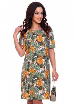 Платье прямое до колен короткий рукав принт листья папоротник