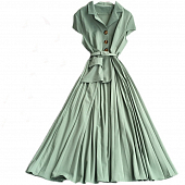 Картинка Платье миди плиссе короткий рукав пояс в цвет черепаховые пуговицы от магазина LonnaMag