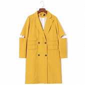 Картинка Жакет длинный желтый разрезы на локтях 4 пуговицы и клапана от магазина LonnaMag