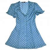 Картинка Платье мини по фигуре на пуговицах белый горох на голубом рюши по краям от магазина LonnaMag