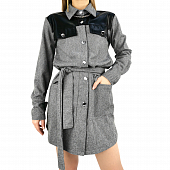 Картинка Рубашка - платье шерсть елочка 4 кармана кожаный вставки + пояс от магазина LonnaMag