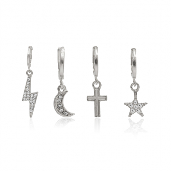 Набор 4 разных серьги кольца - молния месяц крест звезда