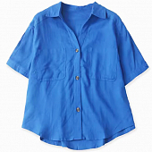 Картинка Рубашка синяя короткий рукав лен 3 пуговицы 2 кармана от магазина LonnaMag