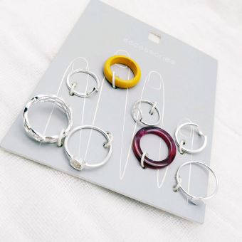 Набор колец 6 шт. серебряные 1 желтое 1 фиолетовое