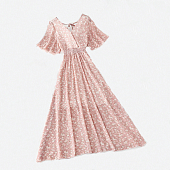 Картинка Платье макси V вырез короткий свободный рукав принт мелкие белые цветы от магазина LonnaMag