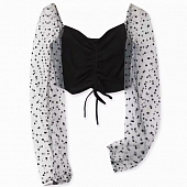 Картинка Блуза топ черная грудь на сборке рукава буфы белая сетка черный горох от магазина LonnaMag